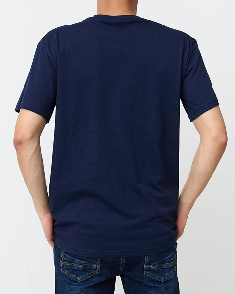 Мужская хлопковая футболка темно-синего цвета с ярким принтом - Одежда