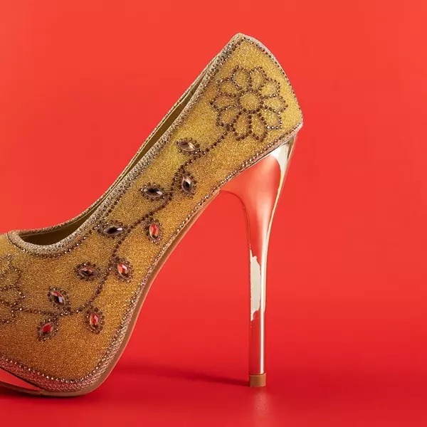 OUTLET Золотые блестящие женские туфли на высоком каблуке с фианитом Penina - Обувь