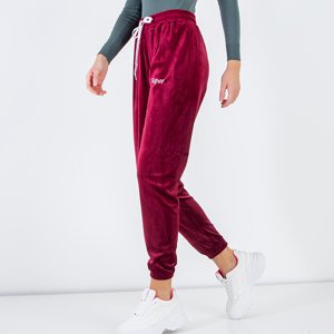 Велюровые спортивные штаны бордового цвета с вышитой надписью - Одежда