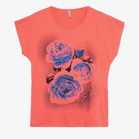 Жіноча коралова футболка з квітковим принтом - Одяг 1
