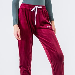 Бордові велюрові спортивні штани з вишитим написом - Одяг