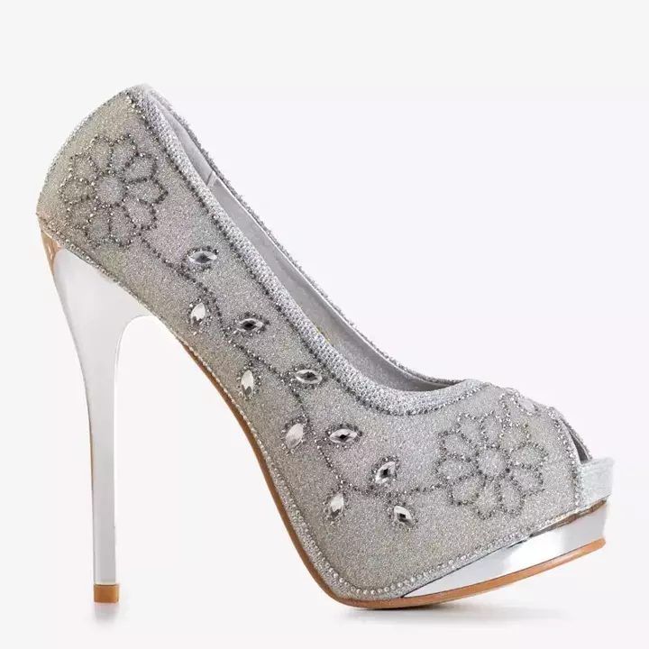 OUTLET Срібні блискучі жіночі високі підбори з фіанітом Penina - Взуття